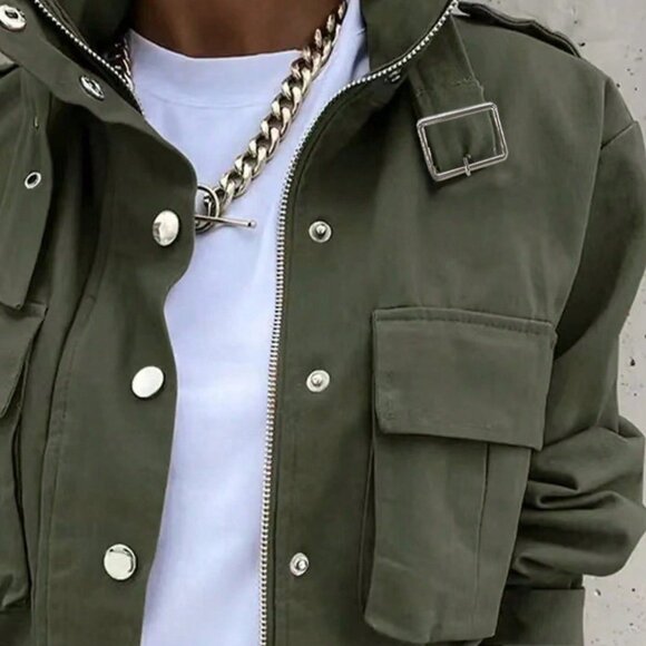 Army Green Casual Women's Short Long Sleeve Zipper Jacket with Button Detail - Picture 3 of 7